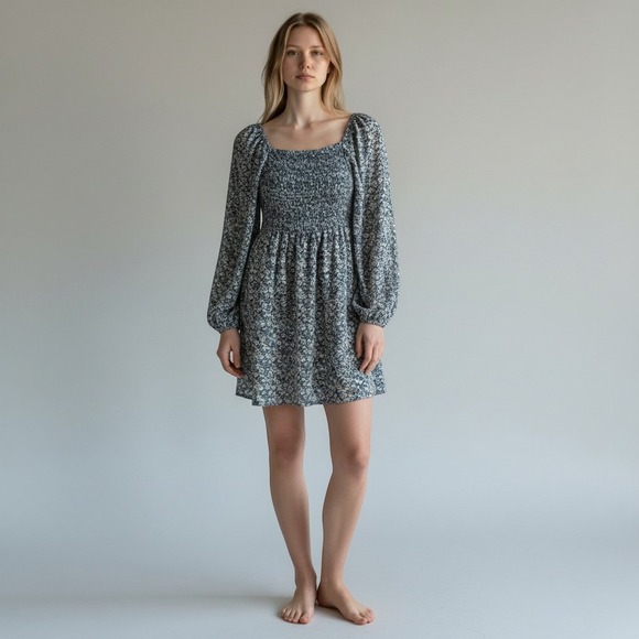 GAP Dresses & Skirts - Gap Dress Womens XS Blue White Floral Smocked Puff Sleeve Mini Square Neck Boho
